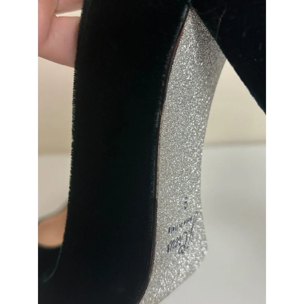 J. Crew Green Velvet Cap Toe Block Heel Pumps Crystal Embellished Size 9 Italy